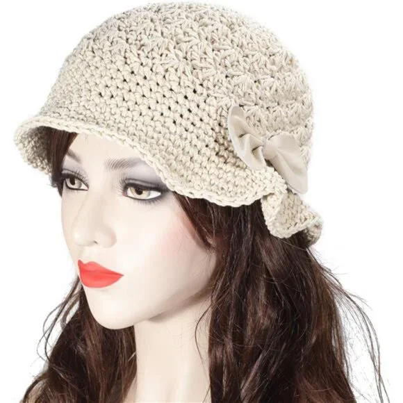 Women Winter Crochet Bucket Hat Bow Beige